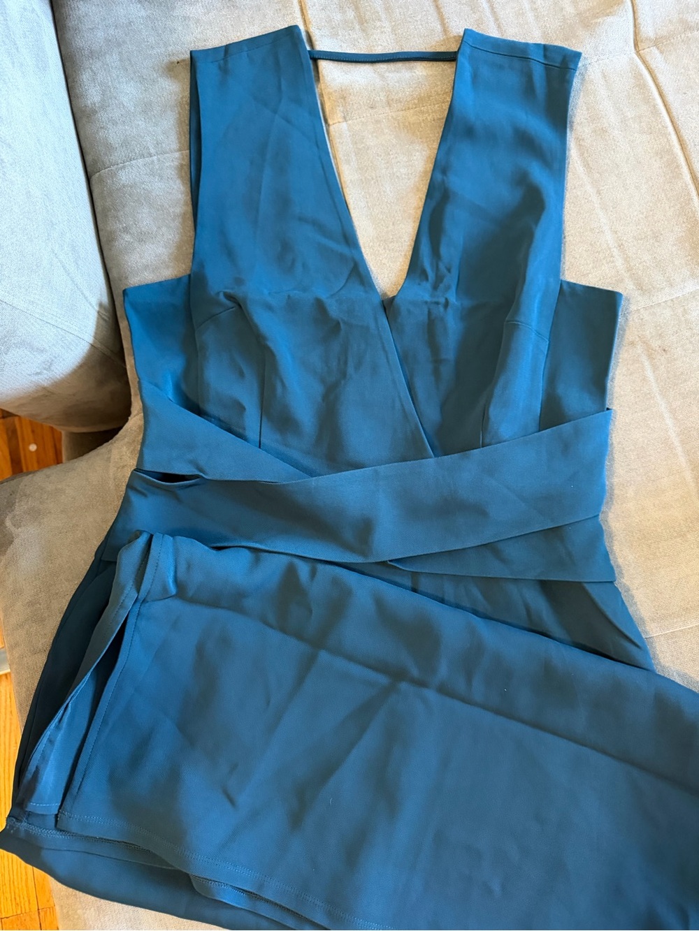 Reiss Deep Teal V-Neck Fitted Wrap Midi Dress - Picture 8 of 8